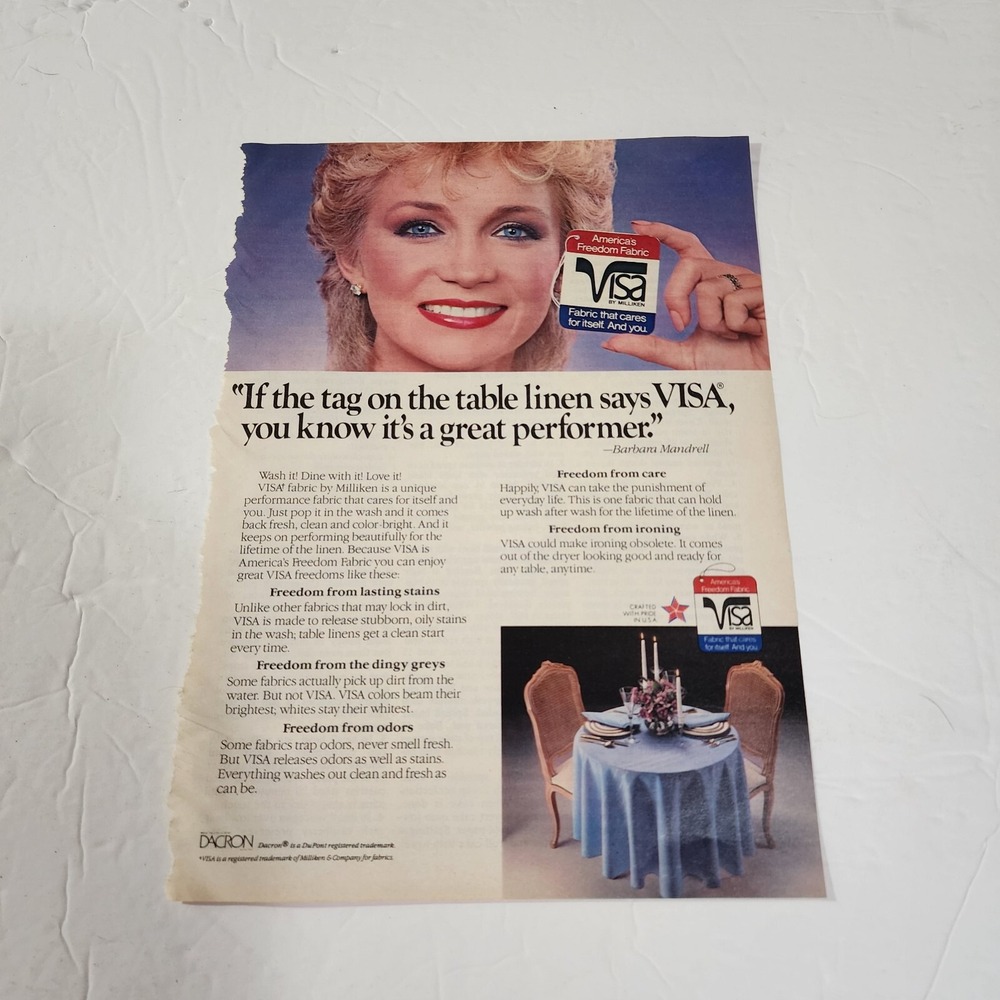 Vintage 1984 Barbara Mandrell Visa Milliken Table Linen Print Ad Clipping 8x11